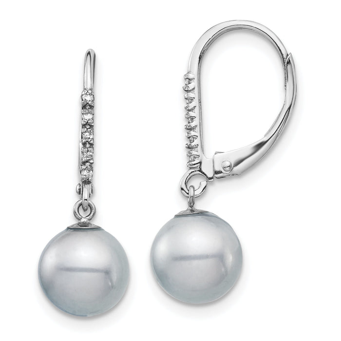 14k White Gold 8-9mm Grey FWC Pearl .05ct Diamond Leverback Earrings-XF701E
