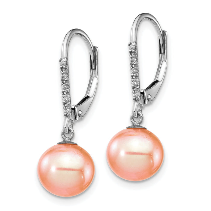 14k White Gold 8-9mm Pink FWC Pearl .05ct Diamond Leverback Earrings-XF702E