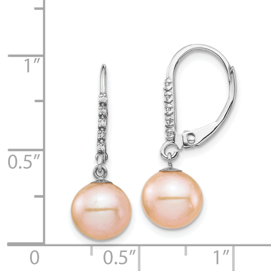 14k White Gold 8-9mm Pink FWC Pearl .05ct Diamond Leverback Earrings-XF702E
