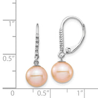 14k White Gold 8-9mm Pink FWC Pearl .05ct Diamond Leverback Earrings-XF702E