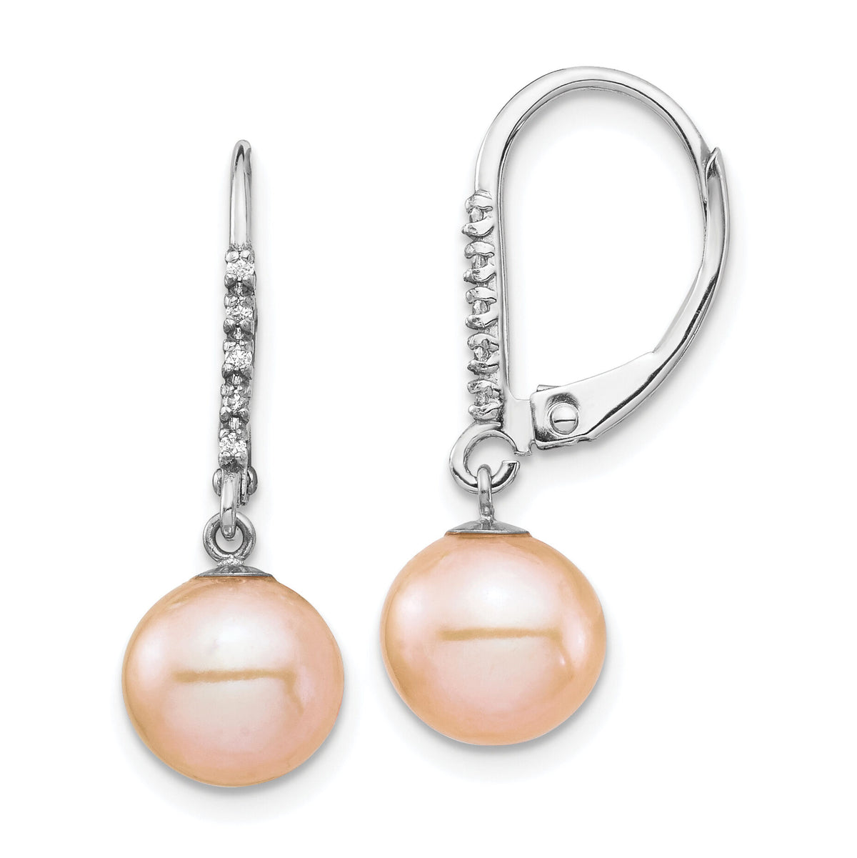 14k White Gold 8-9mm Pink FWC Pearl .05ct Diamond Leverback Earrings-XF702E