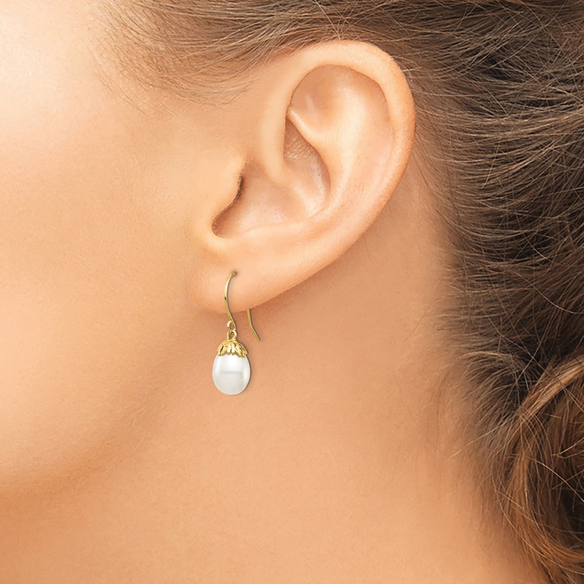 14K 7-8mm White Rice Freshwater Cultured Pearl Dangle Earrings-XF704E