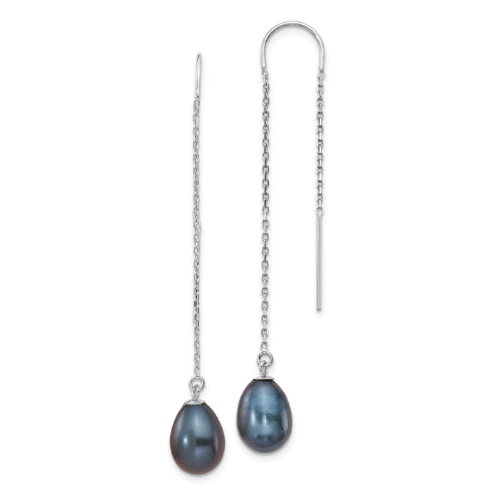 14K White Gold 7-8mm Black Teardrop FW Cultured Pearl Threader Earrings-XF706E