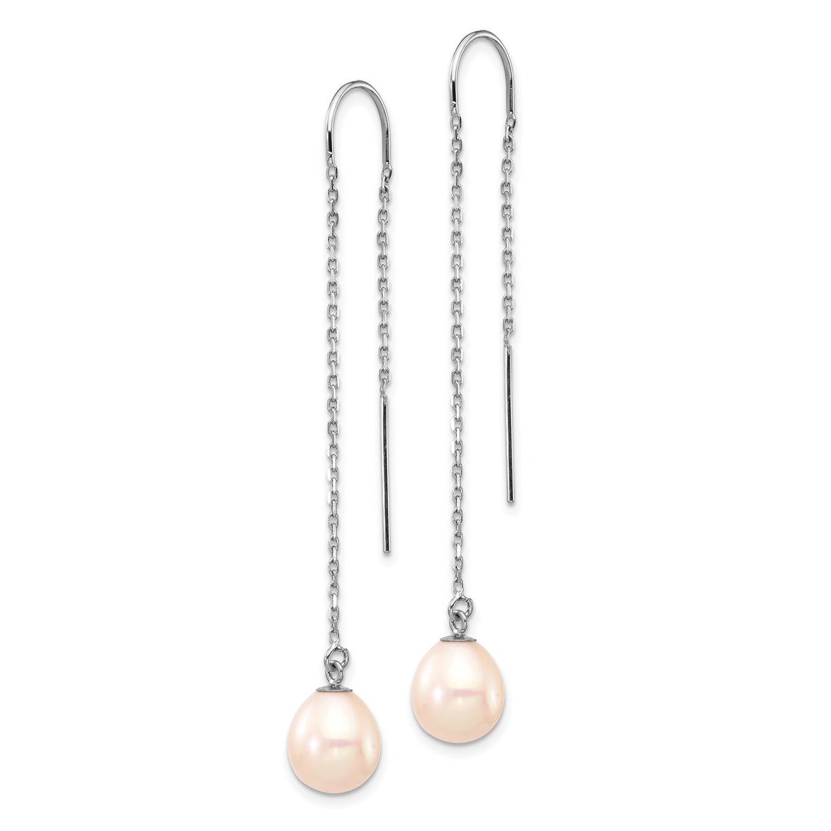 14K White Gold 7-8mm White Teardrop FW Cultured Pearl Threader Earrings-XF707E