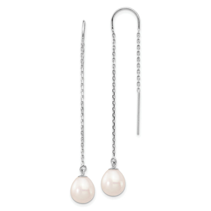 14K White Gold 7-8mm White Teardrop FW Cultured Pearl Threader Earrings-XF707E