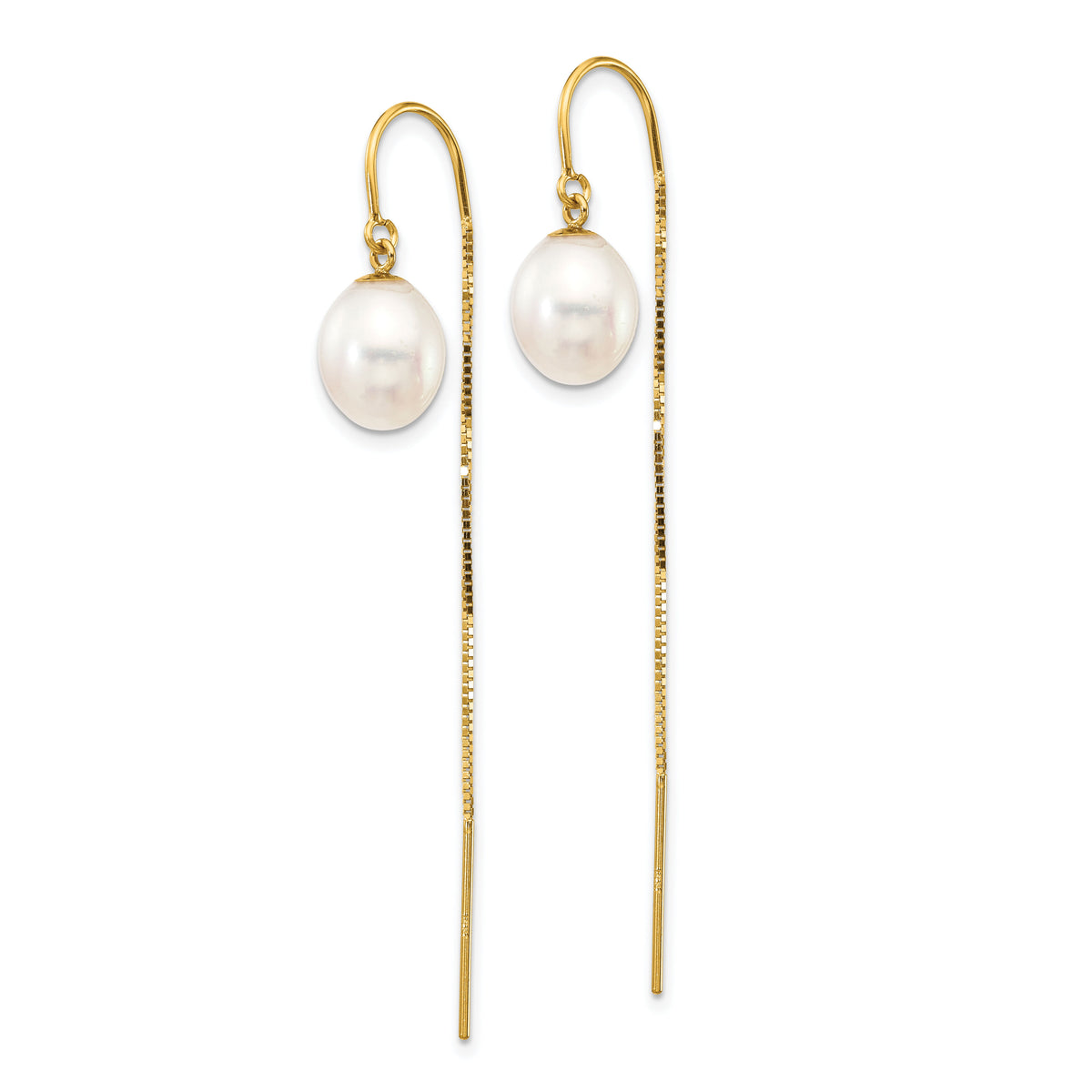14k 7-8mm White Rice FW Cultured Pearl Box Chain Threader Earrings-XF710E