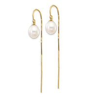 14k 7-8mm White Rice FW Cultured Pearl Box Chain Threader Earrings-XF710E