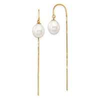 14k 7-8mm White Rice FW Cultured Pearl Box Chain Threader Earrings-XF710E