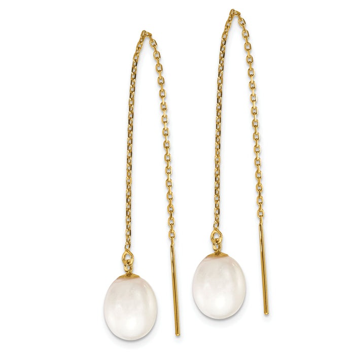 14k 7-8mm White Rice FW Cultured Pearl Cable Chain Threader Earrings-XF711E