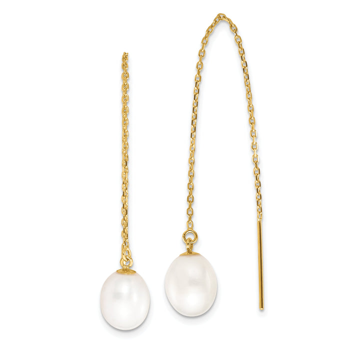 14k 7-8mm White Rice FW Cultured Pearl Cable Chain Threader Earrings-XF711E