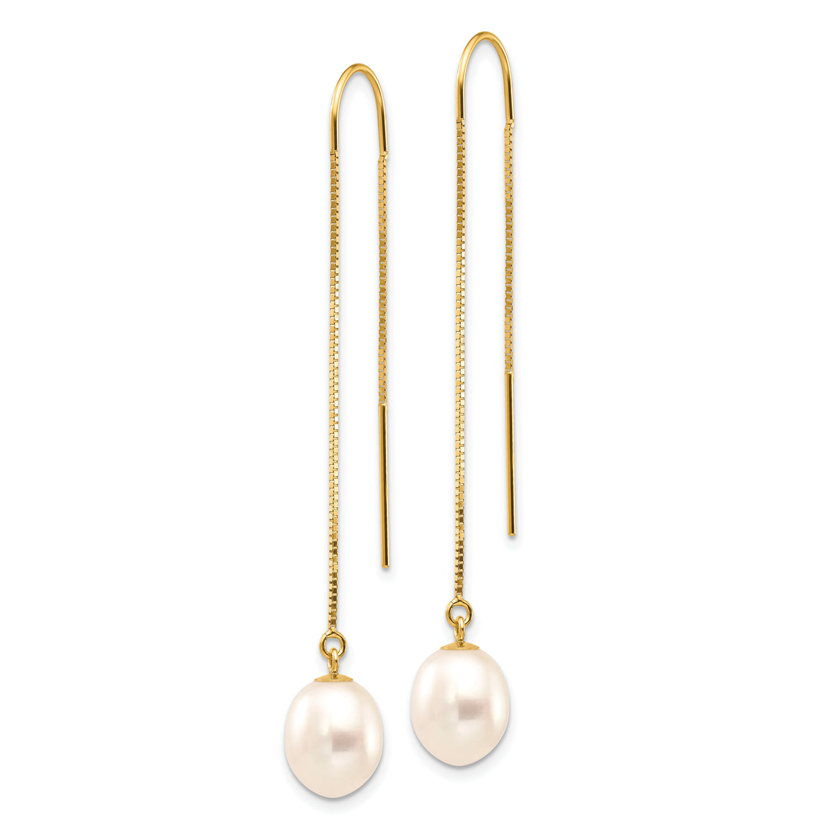 14k 7-8mm White Rice FW Cultured Pearl Box Chain Threader Earrings-XF712E