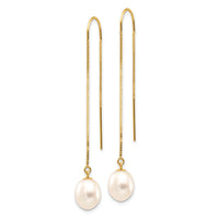 14k 7-8mm White Rice FW Cultured Pearl Box Chain Threader Earrings-XF712E