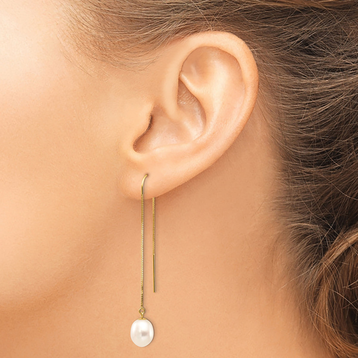 14k 7-8mm White Rice FW Cultured Pearl Box Chain Threader Earrings-XF712E