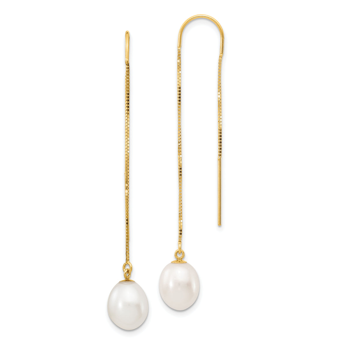 14k 7-8mm White Rice FW Cultured Pearl Box Chain Threader Earrings-XF712E