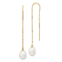 14k 7-8mm White Rice FW Cultured Pearl Box Chain Threader Earrings-XF712E