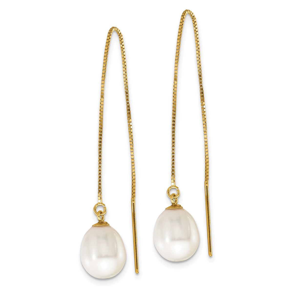 14k 7-8mm White Teardrop FW Cultured Pearl Box Chain Threader Earrings-XF713E