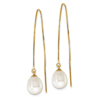 14k 7-8mm White Teardrop FW Cultured Pearl Box Chain Threader Earrings-XF713E