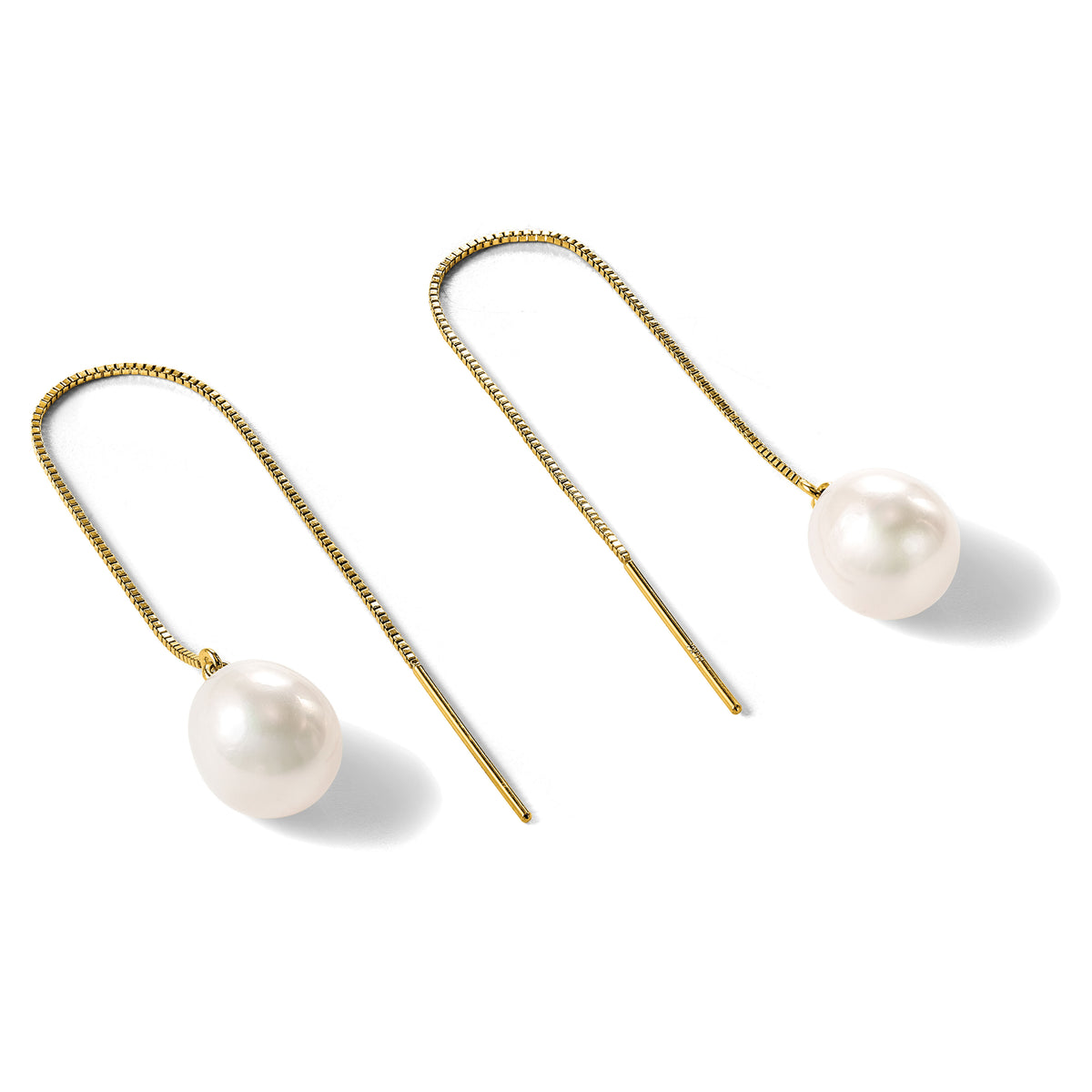 14k 7-8mm White Teardrop FW Cultured Pearl Box Chain Threader Earrings-XF713E