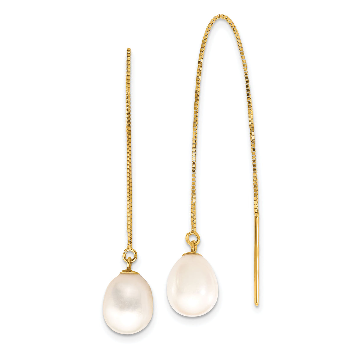 14k 7-8mm White Teardrop FW Cultured Pearl Box Chain Threader Earrings-XF713E