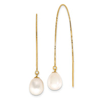 14k 7-8mm White Teardrop FW Cultured Pearl Box Chain Threader Earrings-XF713E
