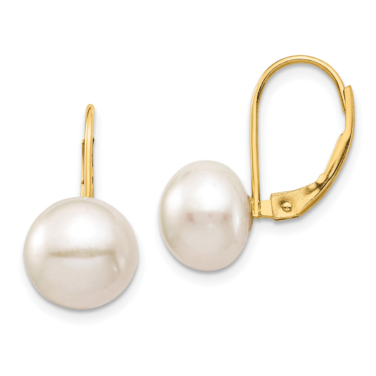 14K 9-10mm White Button Freshwater Cultured Pearl Leverback Earrings-XF716E