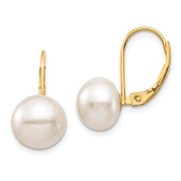 14K 9-10mm White Button Freshwater Cultured Pearl Leverback Earrings-XF716E