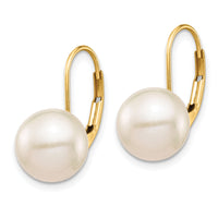 14K 9-10mm White Round Freshwater Cultured Pearl Leverback Earrings-XF717E