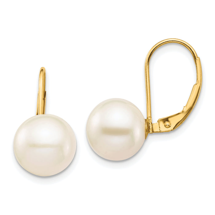 14K 9-10mm White Round Freshwater Cultured Pearl Leverback Earrings-XF717E