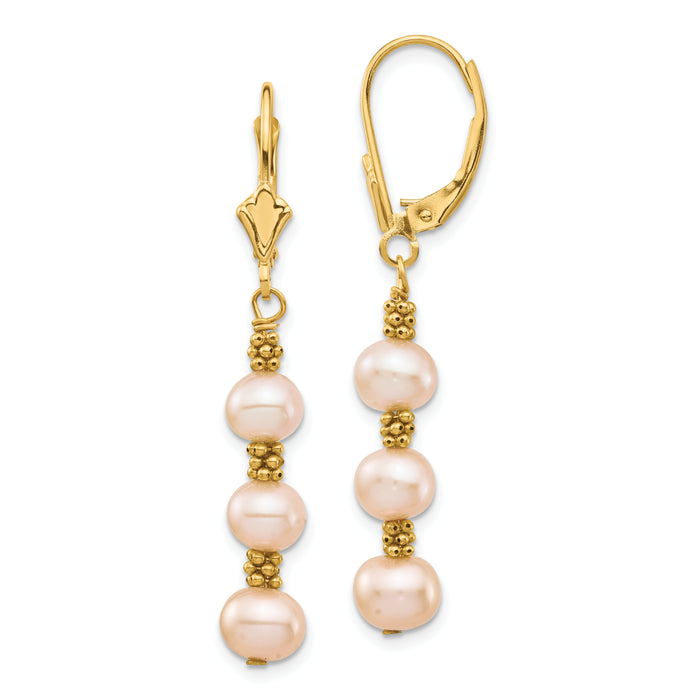 14K 5-6mm Pink Semi-round Freshwater Culutured Pearl Leverback Earrings-XF719E