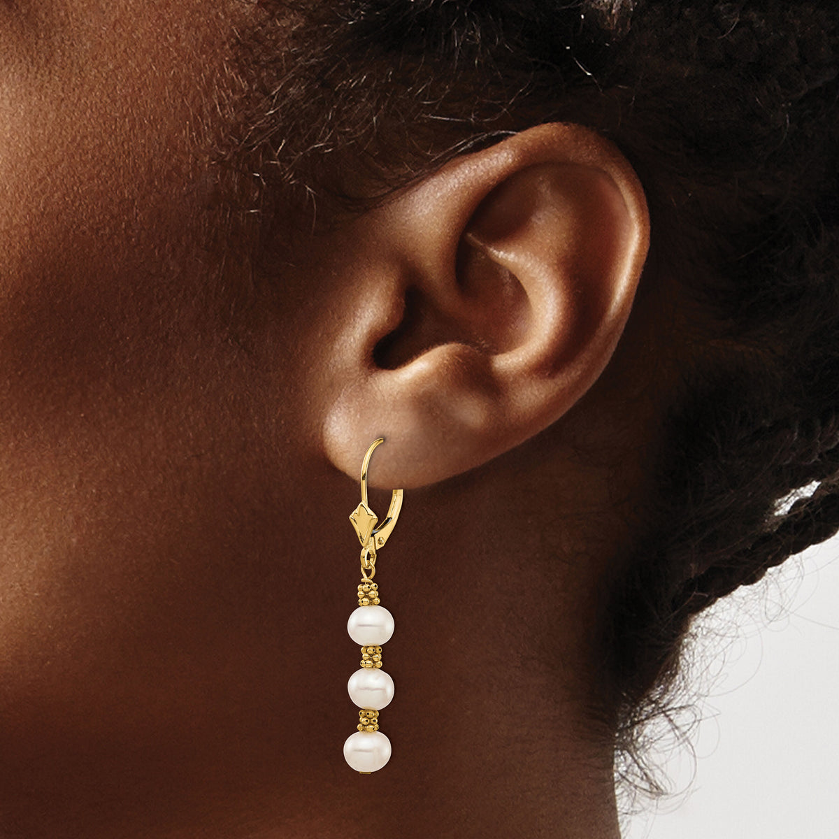 14k 5-6mm White Semi-round Freshwater Cultured Pearl Leverback Earrings-XF720E