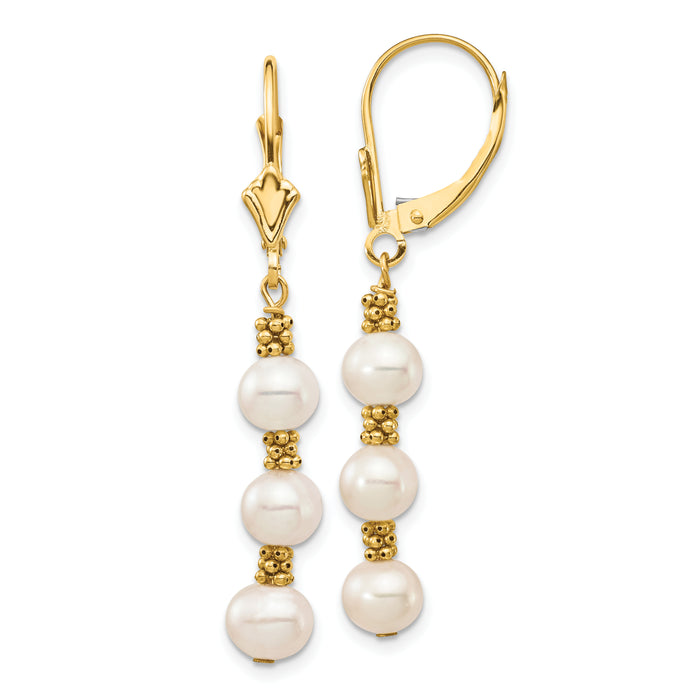 14k 5-6mm White Semi-round Freshwater Cultured Pearl Leverback Earrings-XF720E