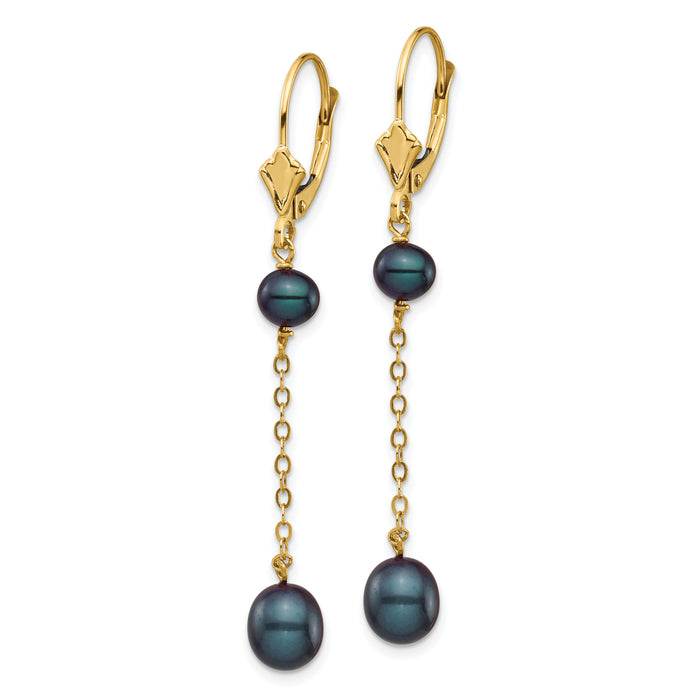 14K 5-7mm Black Rice Freshwater Cultured Pearl Leverback Earrings-XF721E
