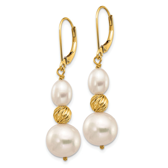 14K 6-10mm White Freshwater Cultured Pearl D/C Bead Leverback Earrings-XF723E