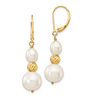 14K 6-10mm White Freshwater Cultured Pearl D/C Bead Leverback Earrings-XF723E