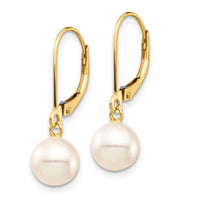 14K 7-8mm White Round Freshwater Cultured Pearl Leverback Earrings-XF725E