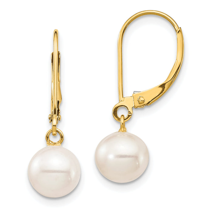 14K 7-8mm White Round Freshwater Cultured Pearl Leverback Earrings-XF725E