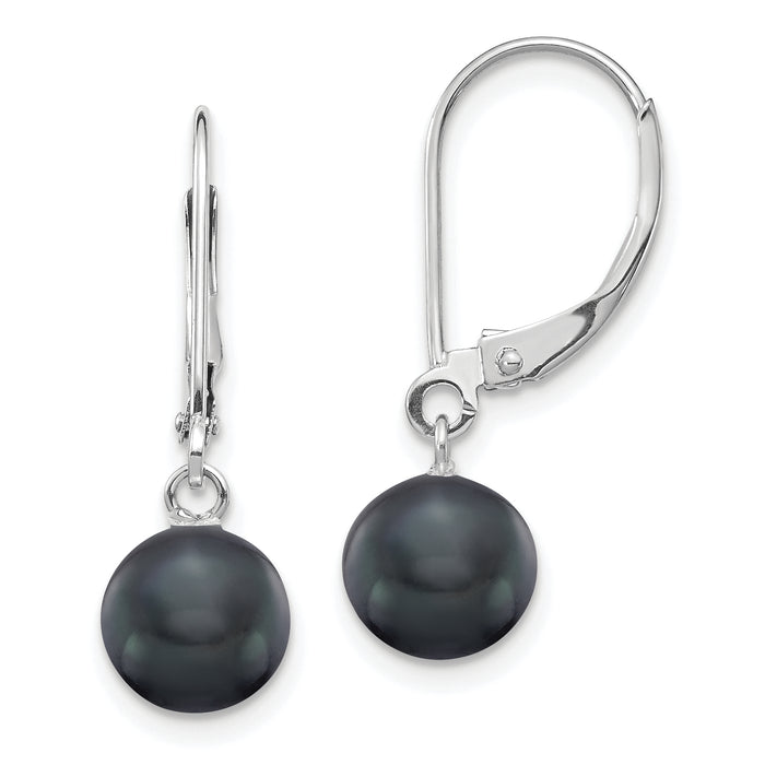14K White Gold 7-8mm Black Round FWC Pearl Leverback Earrings-XF726E