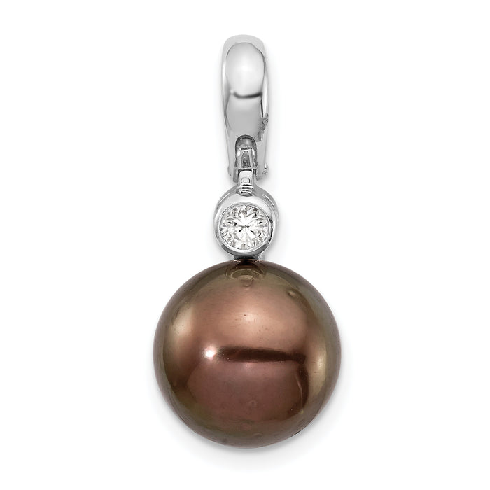 14K WG 10-11mm Round Saltwater Cultured Tahitian Pearl .07ct Dia. Pendant-XF732