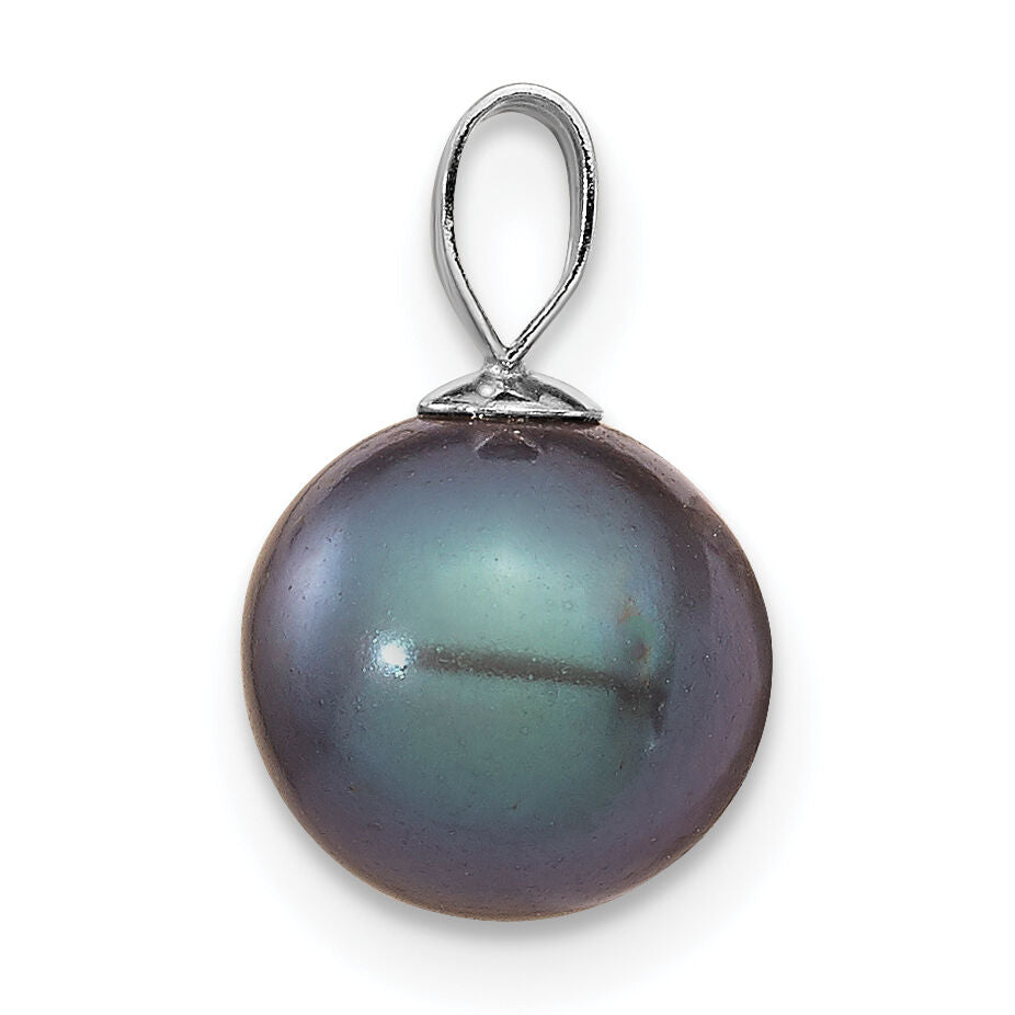 14K White Gold 8-9mm Black Round Freshwater Cultured Pearl Pendant-XF737