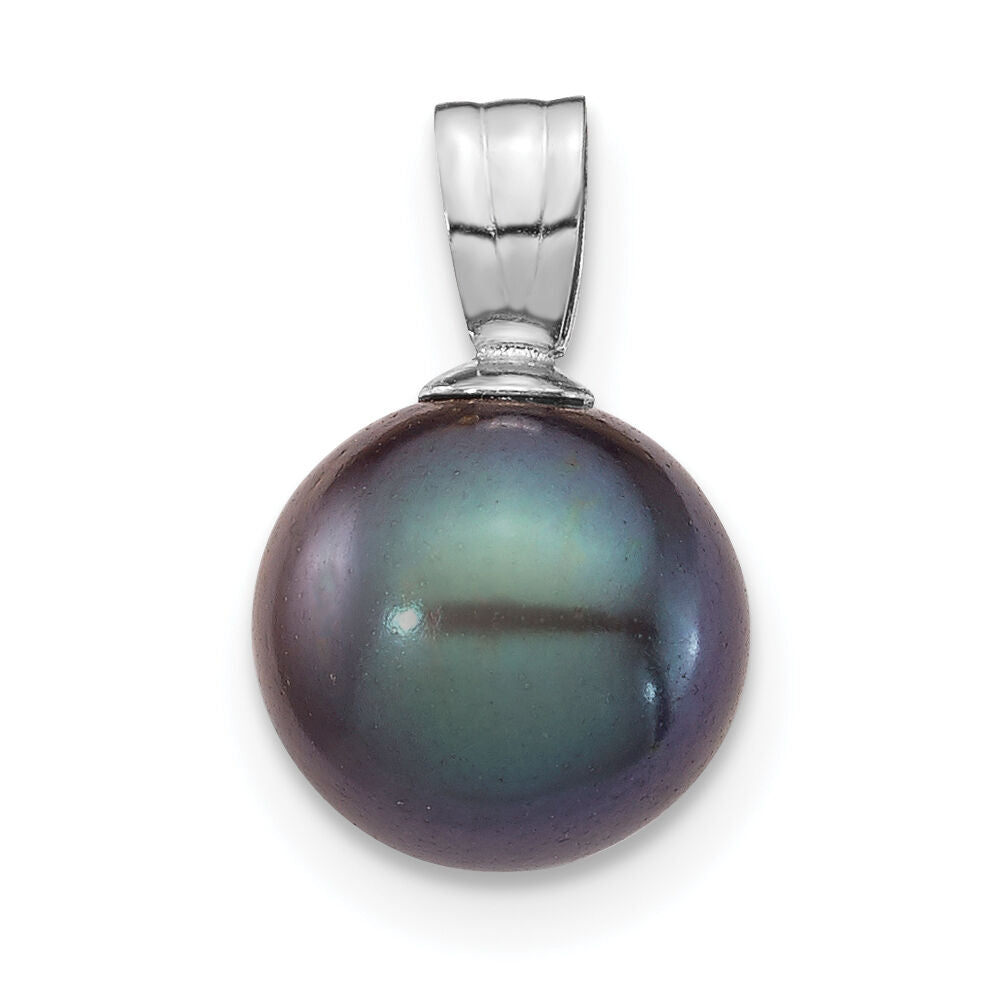 14K White Gold 8-9mm Black Round Freshwater Cultured Pearl Pendant-XF737