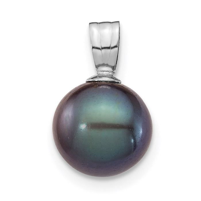 14K White Gold 8-9mm Black Round Freshwater Cultured Pearl Pendant-XF737
