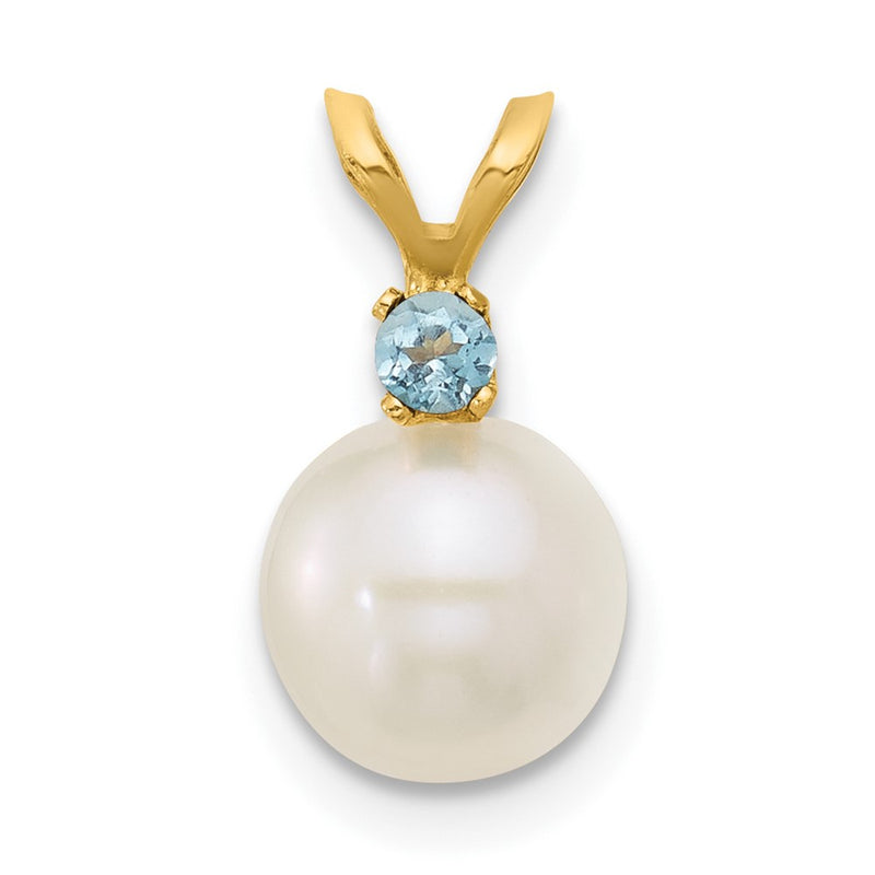14K 7-7.5mm White Round FWC Pearl Swiss Blue Topaz Pendants-XF741/BT