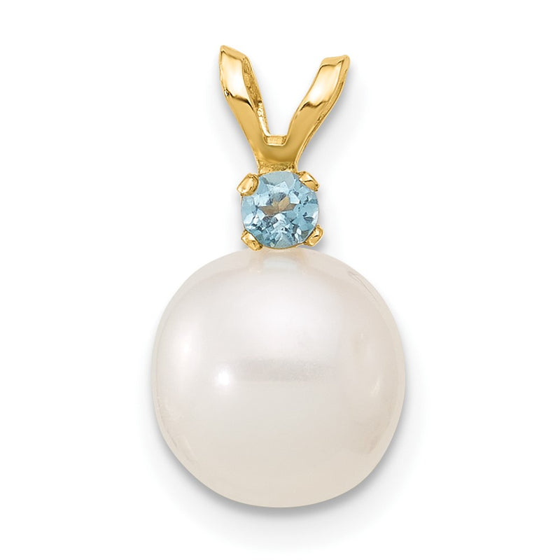 14K Blue Topaz 8-8.5mm White Round FWC Pearl Pendant-XF742/BT