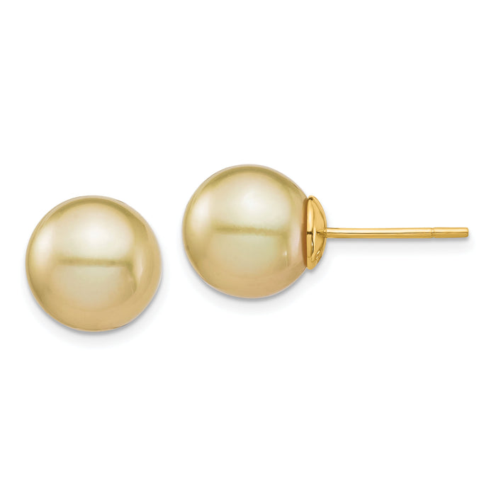 14K 10-11mm Golden Round Saltwater Cultured South Sea Pearl Post Earrings-XF743E