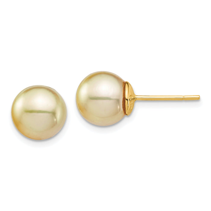 14K 9-10mm Golden Round Saltwater Cultured South Sea Pearl Post Earrings-XF744E