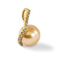14K 10-11mm Golden Saltwater Cultured South Sea Pearl .125ct Dia Pendant-XF745