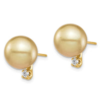 14K 9-10mm Golden Saltwater Cultured South Sea Pearl .10ct Dia Earrings-XF747E