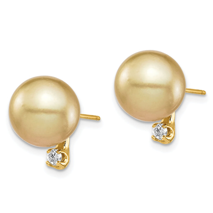 14K 9-10mm Golden Saltwater Cultured South Sea Pearl .10ct Dia Earrings-XF747E
