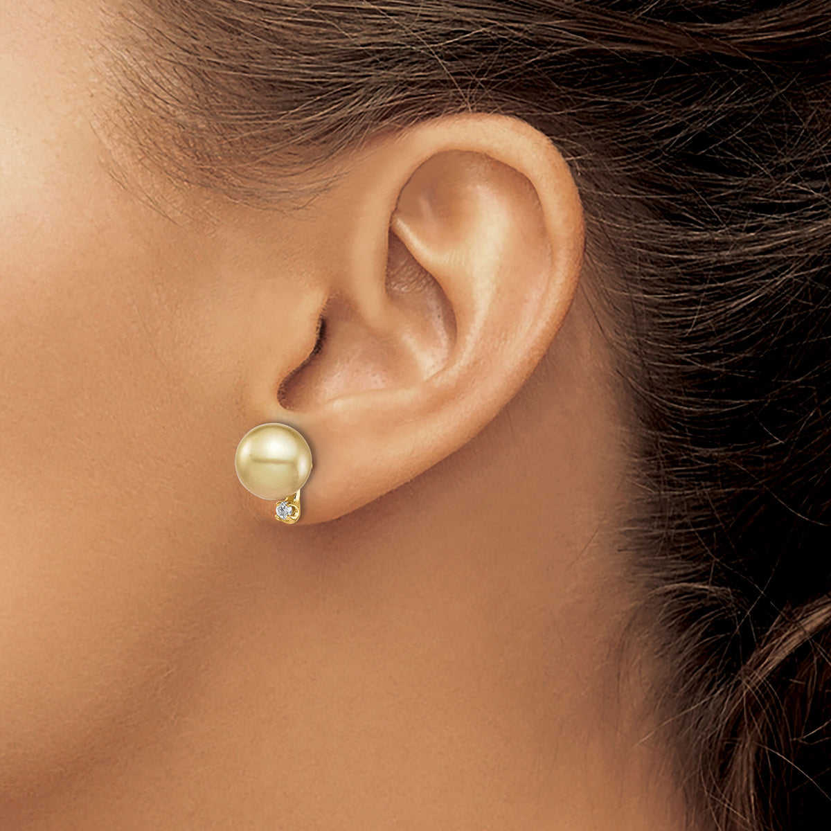 14K 9-10mm Golden Saltwater Cultured South Sea Pearl .10ct Dia Earrings-XF747E