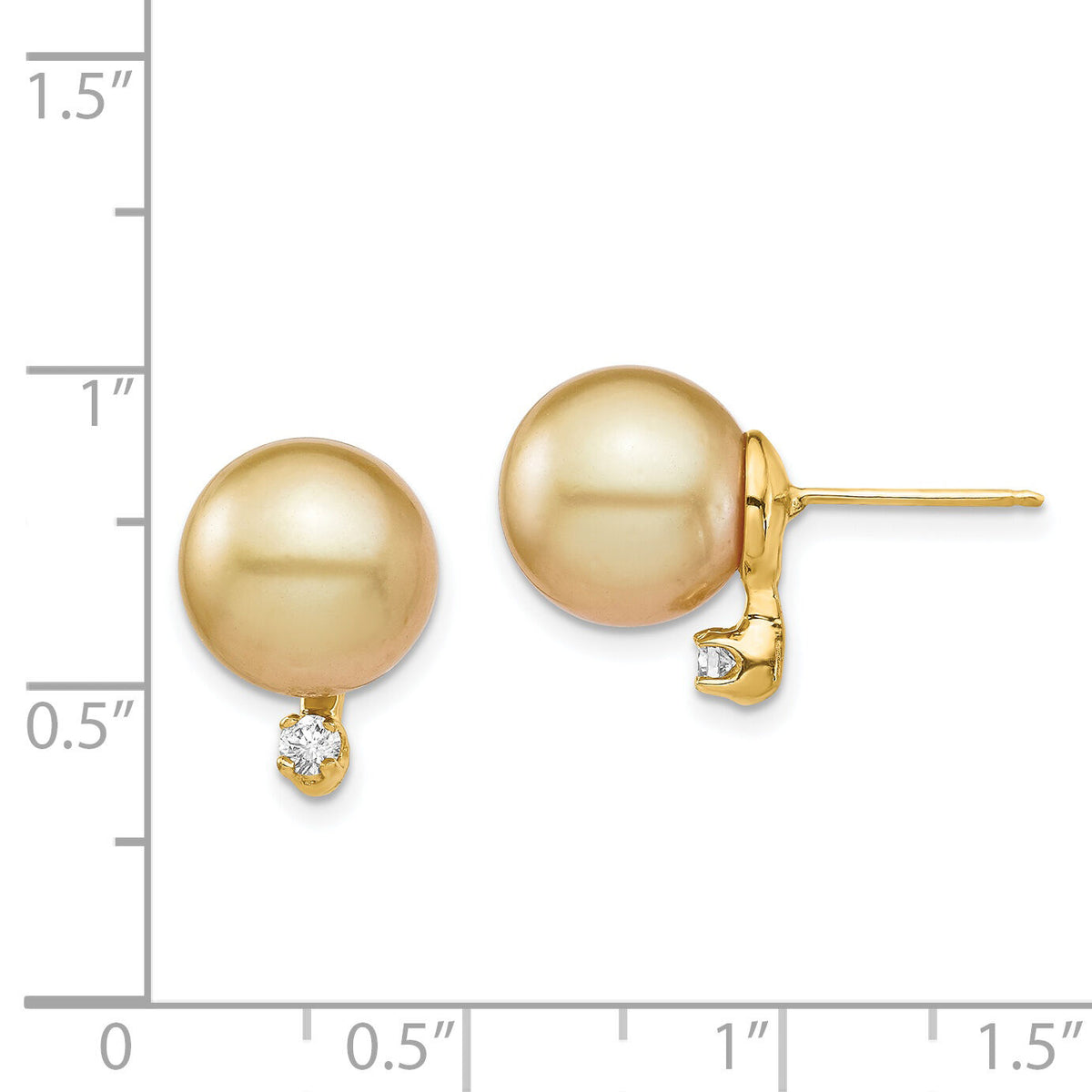 14K 9-10mm Golden Saltwater Cultured South Sea Pearl .10ct Dia Earrings-XF747E